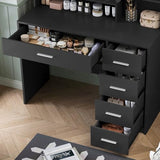 Makeup Vanity Desk with Mirror, 10 Lights, 5 Drawers, 3 Storage Shelves, 3 Color Modes & Adjustable Brightness Dressing Table, 35.4?? Desk, Black