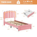 Twin Upholstered LED Bed Frame with Storage Drawer and Adjustable Chic Double Wavy Headboard, Velvet Princess Platform Bed for Kids/Girls, Solid Wood Slats Support, No Box Spring Needed, Beige