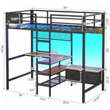 DICTAC Twin Loft Bed with L-Shaped Desk,Storage Shelves and Charging Station Metal Loft Bed Twin Size with LED Lights,Coat Rack with Drawers and Stair,Top Bunk with Safety Guardrail for Teen,Black