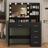 Makeup Vanity Desk with Mirror, 10 Lights, 5 Drawers, 3 Storage Shelves, 3 Color Modes & Adjustable Brightness Dressing Table, 35.4?? Desk, Black